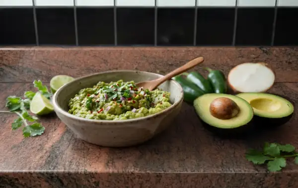 Un délicieux rougail avocat frais, garni de coriandre et d'oignons rouges, prêt à être dégusté avec des jalapeños et des citrons verts.