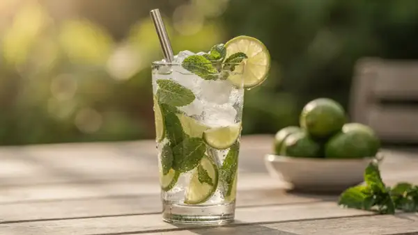 Un verre de mocktail mojito rafraîchissant avec menthe, citron vert et glaçons, sur une table en bois ensoleillée.