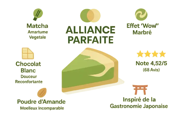 Tranche de **cake matcha chocolat blanc** marbré, alliance parfaite de saveurs végétales et douces, inspirée du Japon.