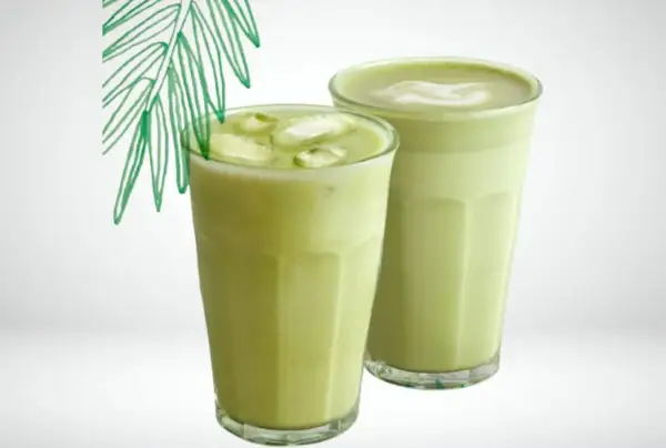 Deux verres de matcha lait de coco, l'un glacé avec des glaçons, l'autre onctueux, sous une feuille de palmier stylisée.