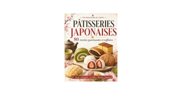 Couverture d'un livre de recettes de pâtisseries japonaises traditionnelles, montrant divers desserts comme des mochis, dorayakis et un gâteau en forme de poisson.