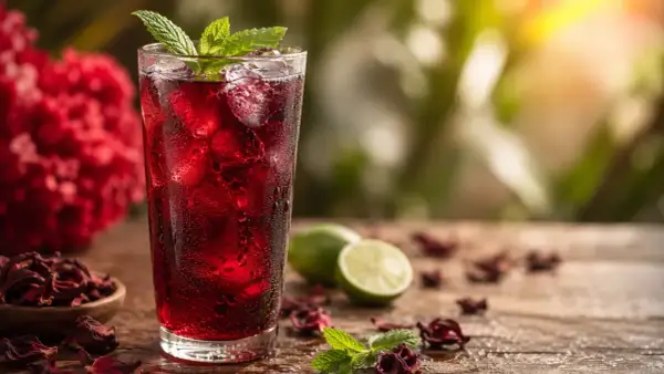 Verre de bissap, boisson rafraîchissante à base d'hibiscus, garni de menthe. La recette sénégalaise parfaite pour se désaltérer.