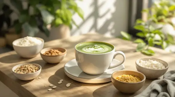 Tasse de matcha sans lait, ornée d'un motif délicat, entourée de bols d'amandes, de flocons de riz et de graines.