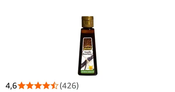 Bouteille d'extrait de vanille Bourbon Vahiné, arôme naturel, avec des gousses de vanille et une fleur.