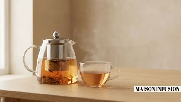 Une théière en verre fumante et une tasse de thé ambré sur une table en bois. Le temps idéal pour savoir combien de temps infuser le thé pour une saveur parfaite.